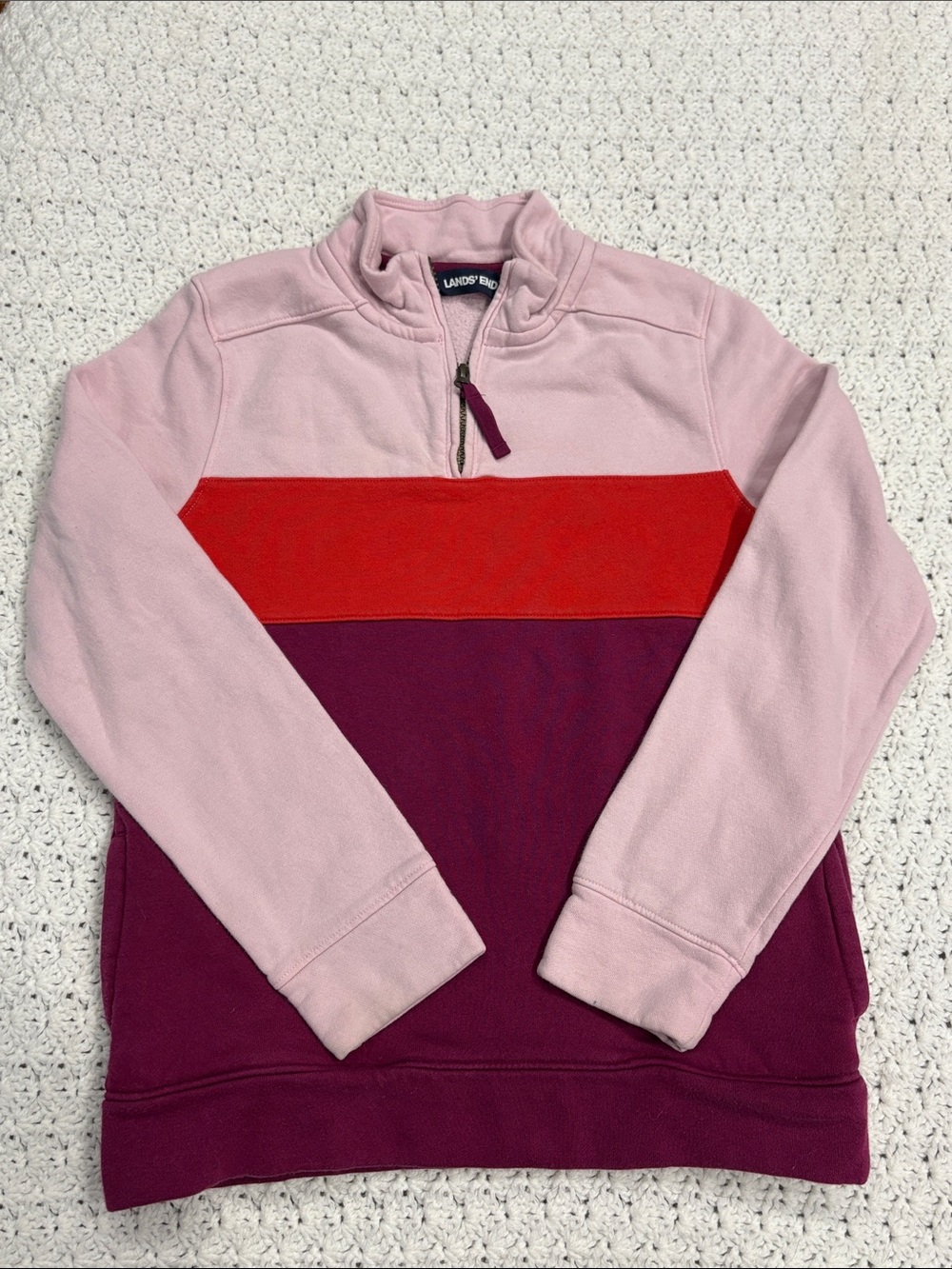 Lands End Kids Colorblock Fleece Quarter-Zip Pullover Sweater Pink Red M 10-12 !